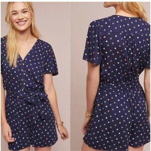 Anthropologie Navy Polka Dot Short-Sleeve Jumpsuit